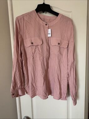 LOFT Blush Pink Long-Sleeve Button-Neck Utility Blouse
